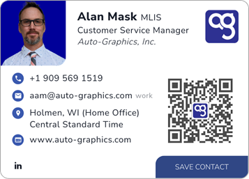 This is Alan Mask's card. Their email is aam@PROTECTED. Their phone number is +1 909 569 1519.