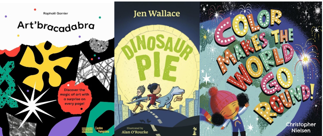 Three children's picture books about art and dinosaurs.
